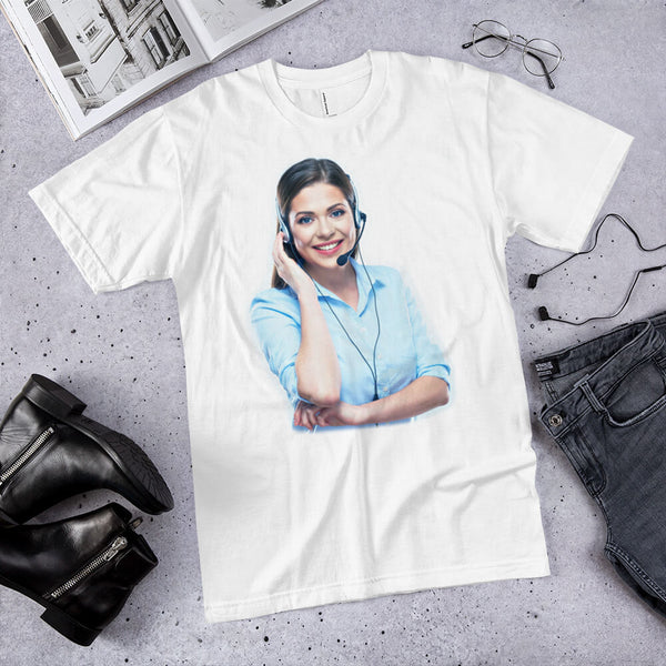 Lifestyle shot of the Call-center woman wearing a headset T-shirt