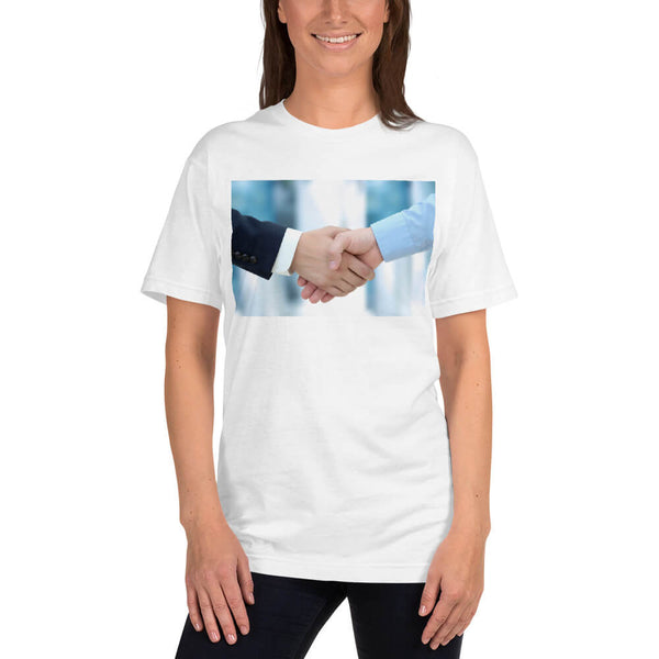 Female model wearing the Firm handshake between business associates T-shirt