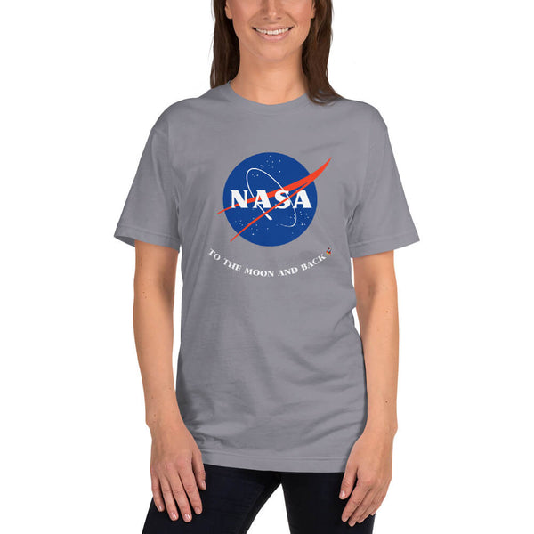 Female model wearing a slate (gray) NASA To the Moon and Back T-Shirt