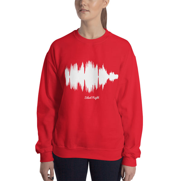 Female model wearing Silent Night Waveform (Red Christmas Sweater)