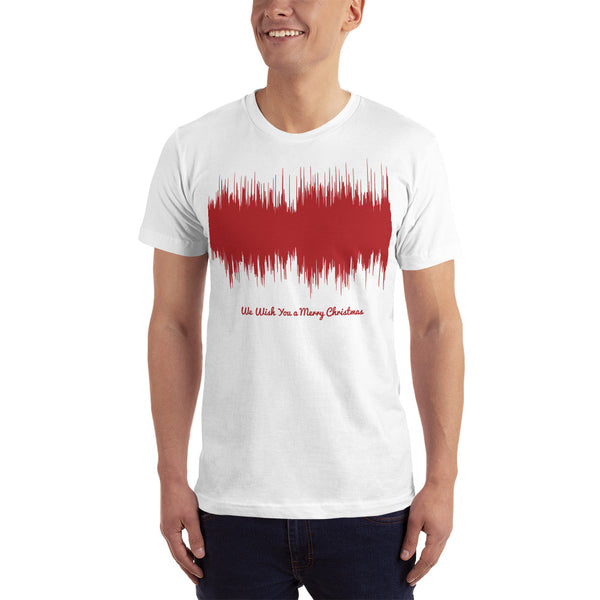 Male model wearing We Wish You a Merry Christmas Waveform (White Christmas T-Shirt)