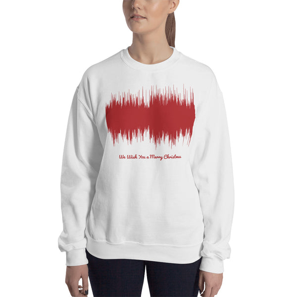 Female model wearing We Wish You a Merry Christmas Waveform (White Christmas Sweater)