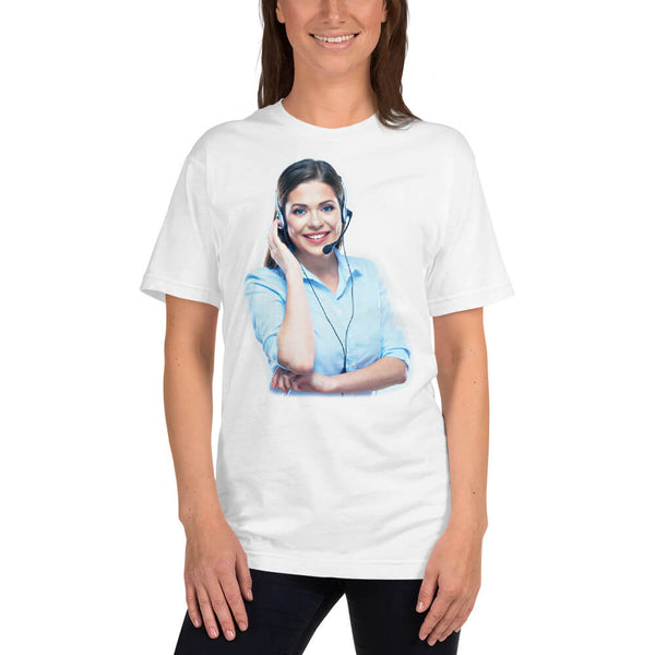 Female model wearing the Call-center woman wearing a headset T-shirt