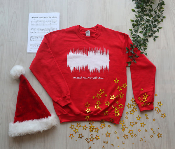 Product photo of the red We Wish You a Merry Christmas Waveform Christmas sweater