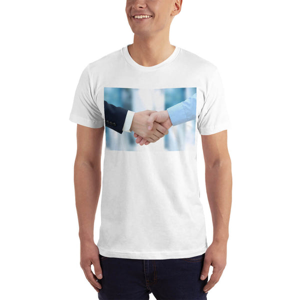 Male model wearing the Firm handshake between business associates T-shirt