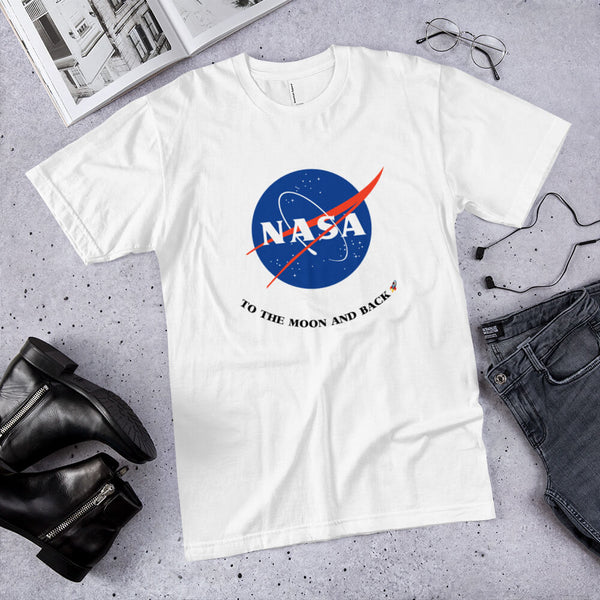 Lifestyle shot of a white NASA To the Moon and Back T-Shirt