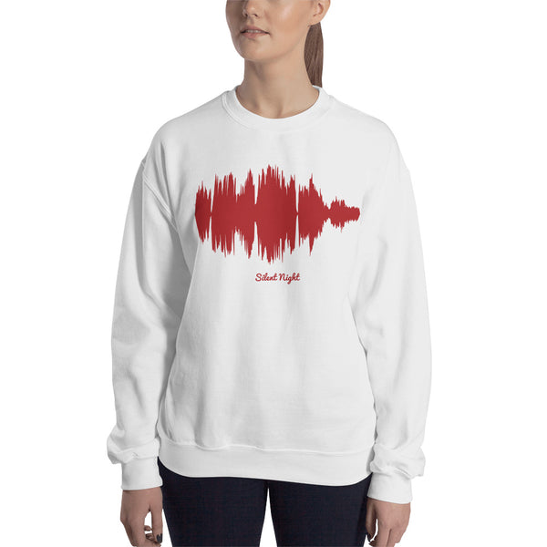 Female model wearing Silent Night Waveform (White Christmas Sweater)