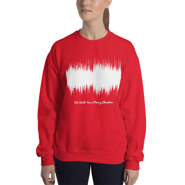 Female model wearing We Wish You a Merry Christmas Waveform (Red Christmas Sweater)