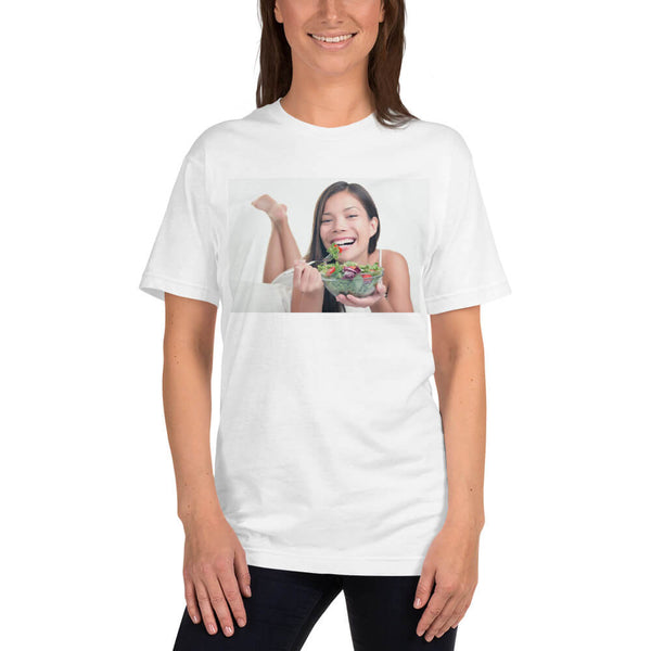 Female model wearing the Woman Laughing Alone With Salad T-shirt
