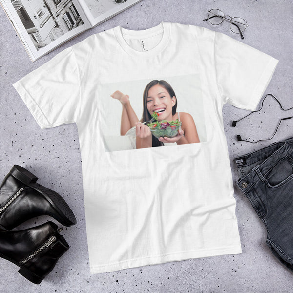 Lifestyle shot of the Woman Laughing Alone With Salad T-shirt