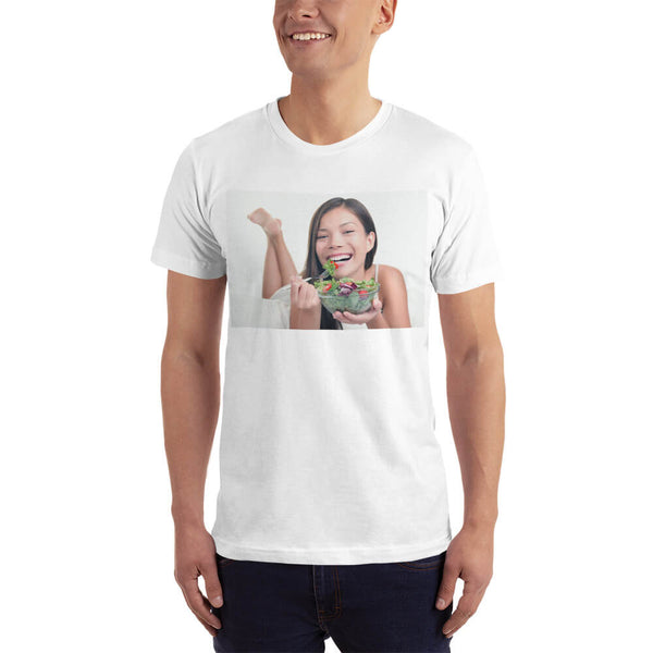Male model wearing the Woman Laughing Alone With Salad T-shirt